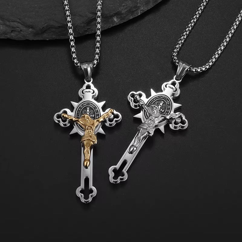St. Benedict Cross Stainless Steel Pendant Necklace for Men and Women - Catholic Religious Jewelry