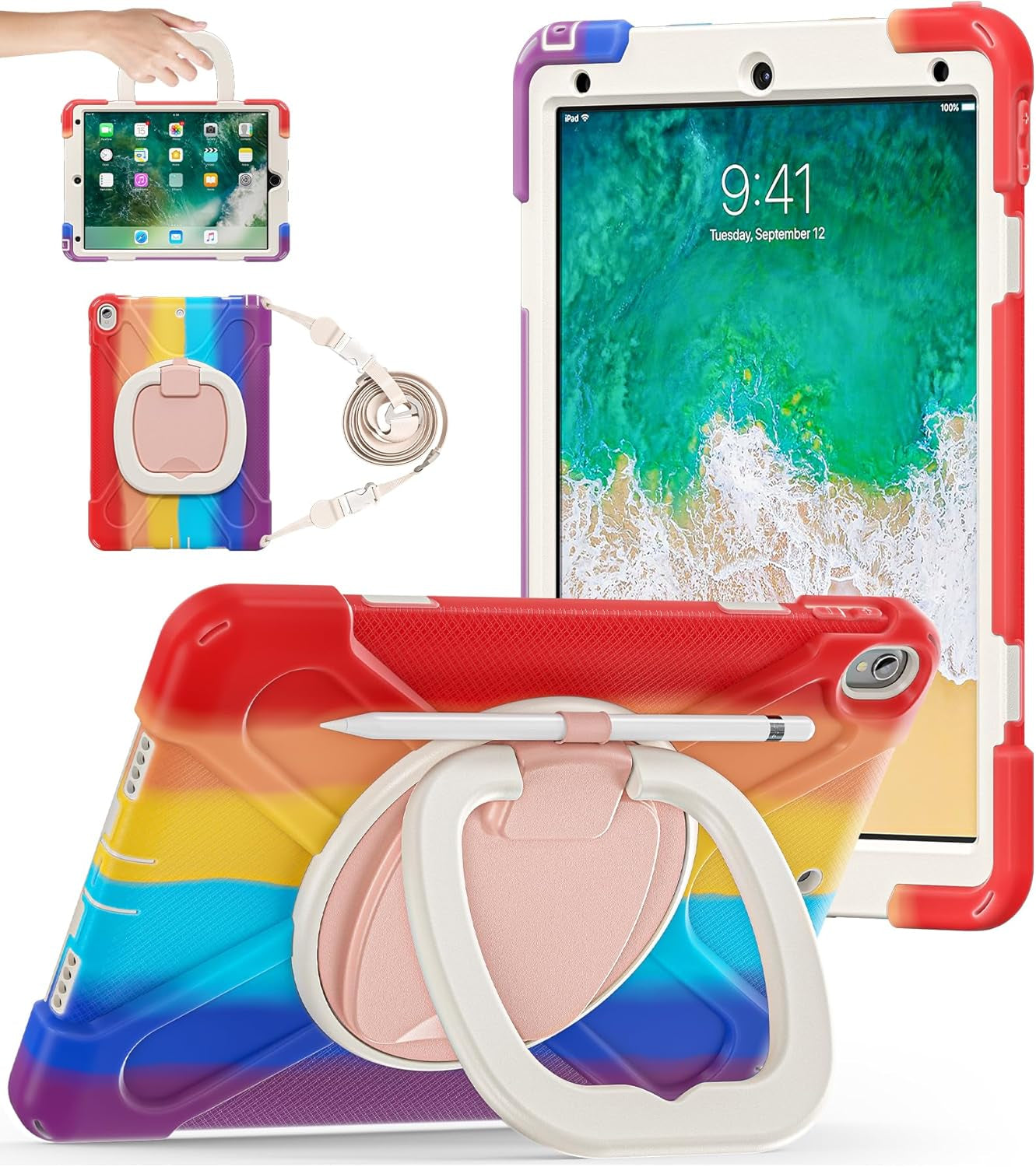 BATYUE Rugged Heavy-Duty Protective Case for iPad Pro 10.5 (2017) and iPad Air 3 (2019) with Pencil Holder, 360° Swivel Stand, and Shoulder Strap - Navy Blue and Blue