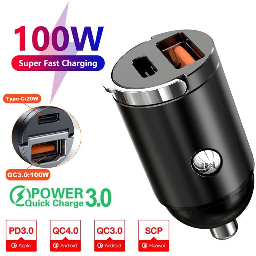 Rapid Charge Dual Port Mini USB Car Charger - 100-200W Cigarette Lighter Adapter for 12-24V Devices